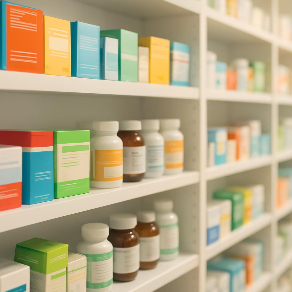 Neatly organised pharmacy shelving with medicines, supplements and health products